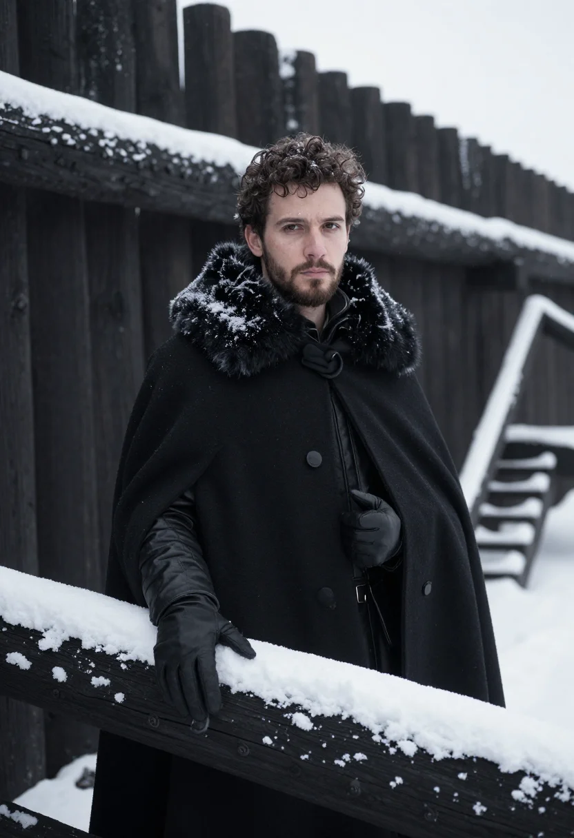 AI jon snow castle black fur sample — portrait of a man, framed half-length from the waist up, the