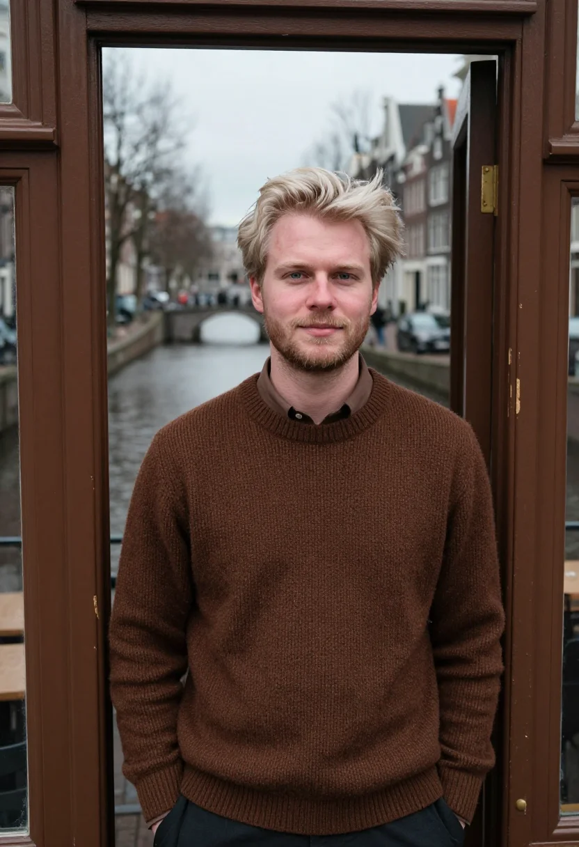 AI jordaan brown cafe sample — portrait of a man, framed tight, head and shoulders, the bod