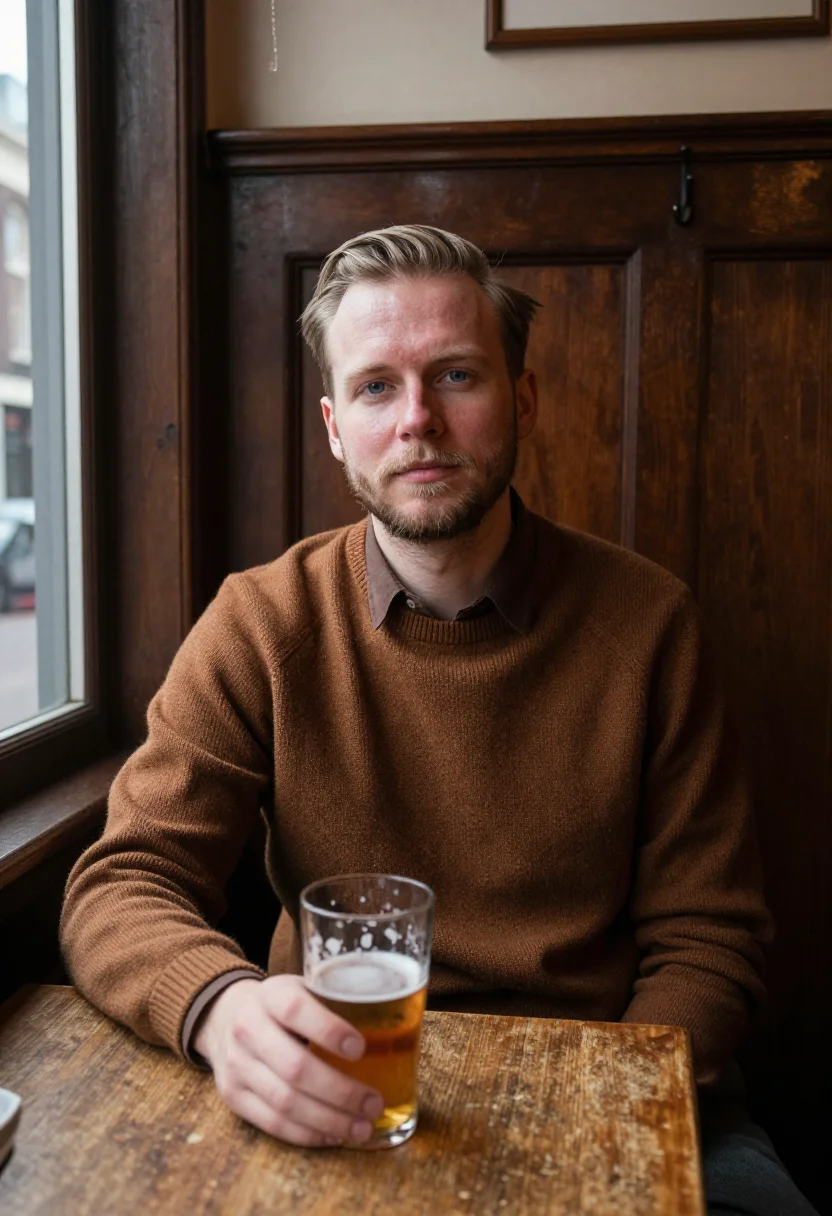 AI jordaan brown cafe sample — portrait of a man, framed from the waist up, the camera at c