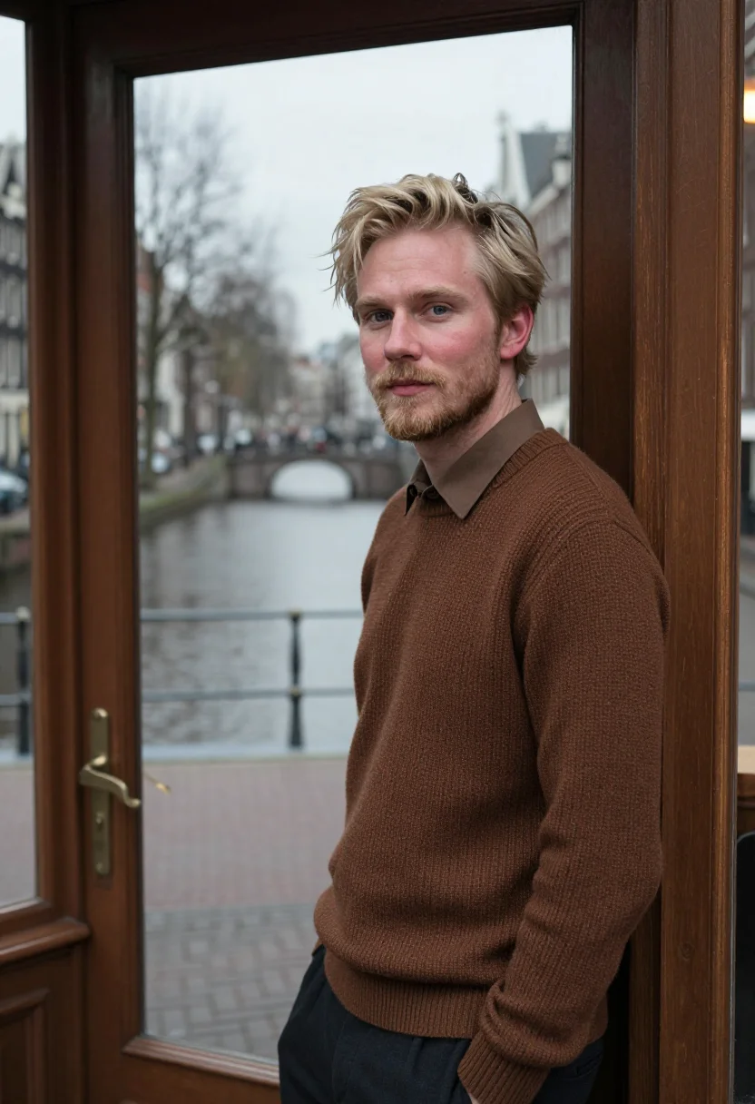 AI jordaan brown cafe sample — portrait of a man, framed chest-up, the crop at the breastbo