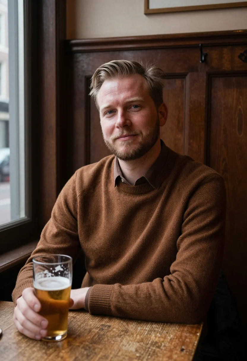 AI jordaan brown cafe sample — portrait of a man, framed chest-up, the crop at the breastbo