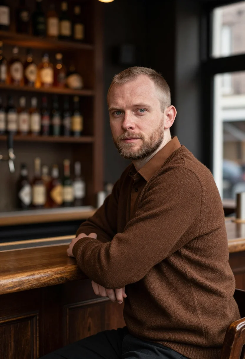AI jordaan brown cafe sample — portrait of a man, framed chest-up, the crop at the breastbo