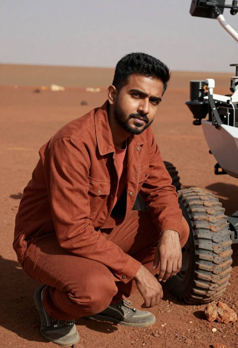 AI jpl mars yard engineer rust sample — portrait of a man, chest-up portrait of a South-Asian man in