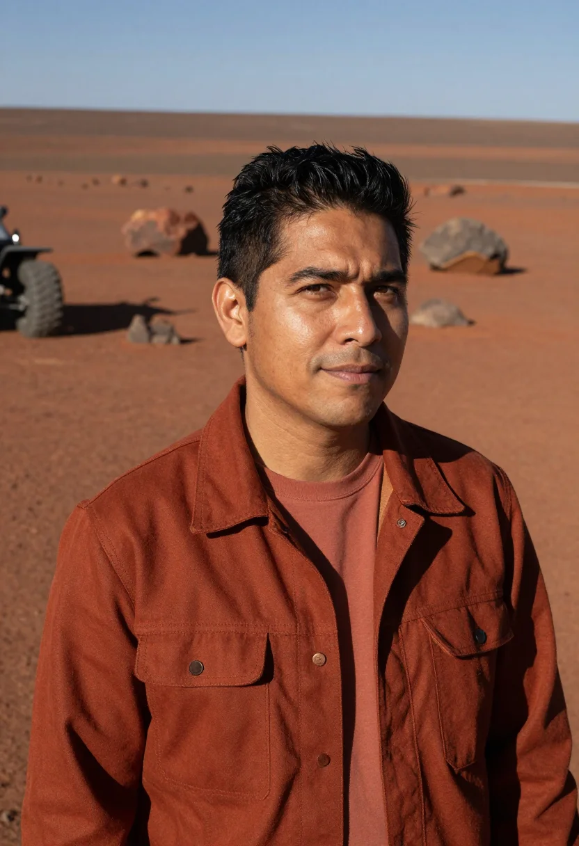 AI jpl mars yard engineer rust sample — portrait of a man, chest-up portrait of a Mexican-American m