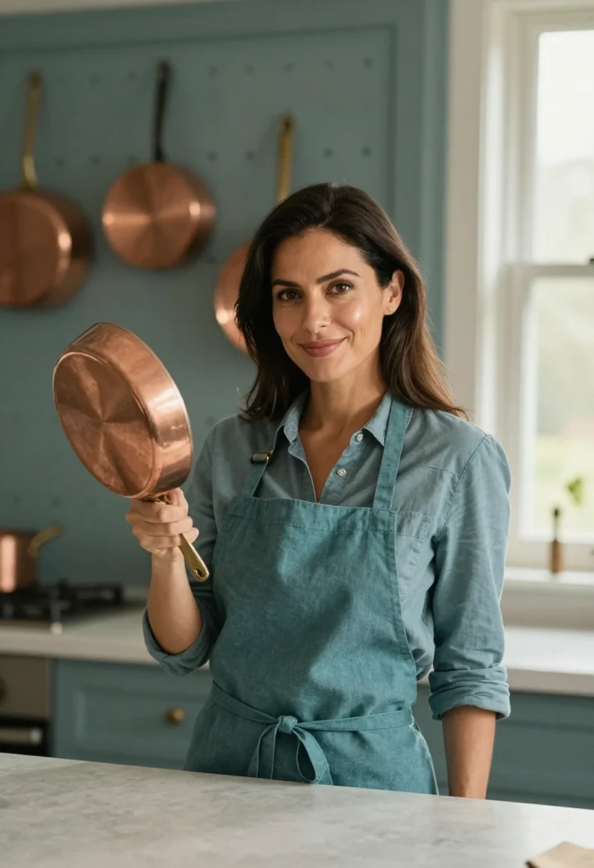 AI julia child kitchen pegboard sample — portrait of a woman, in her late thirties, with olive skin,