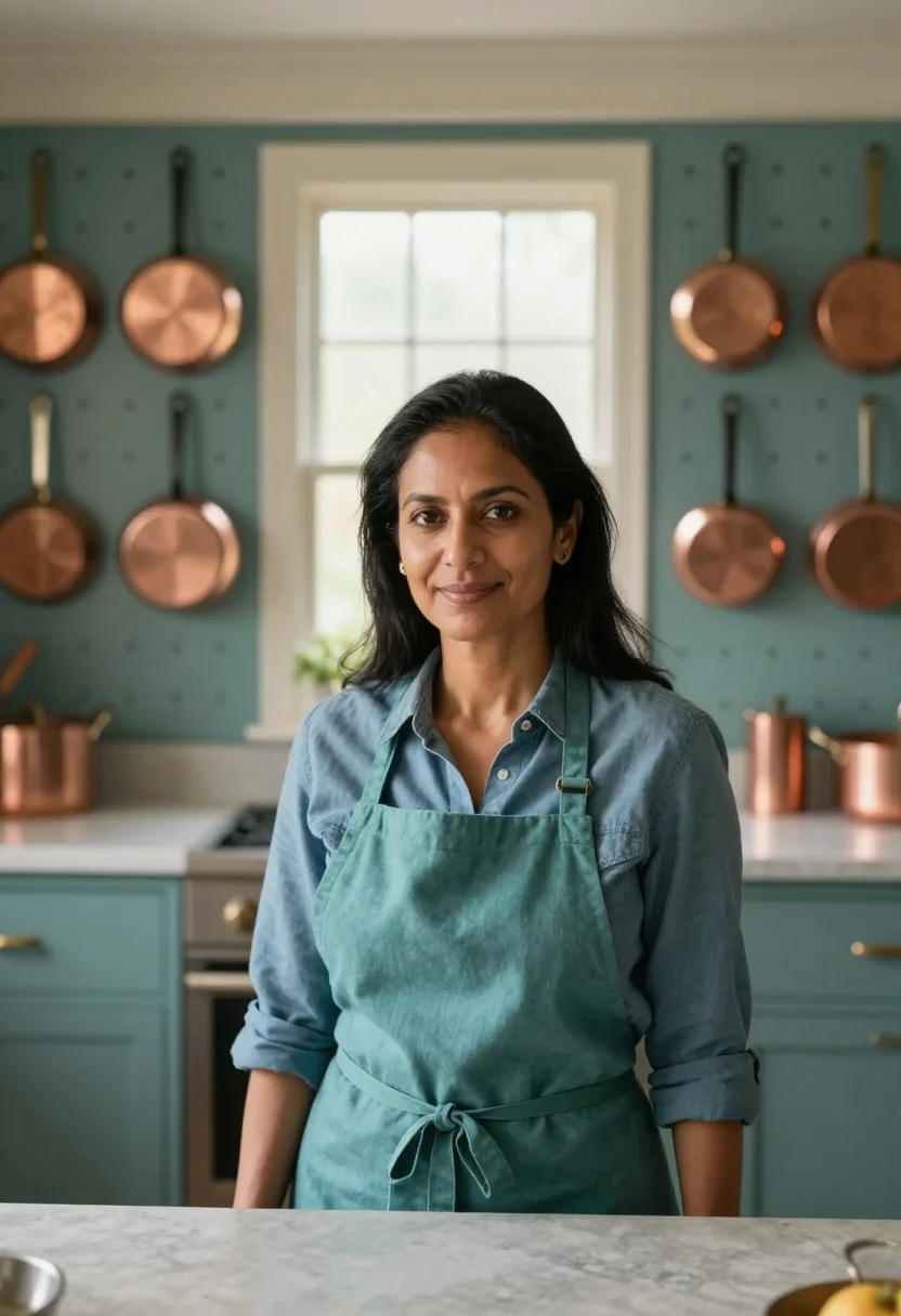 AI julia child kitchen pegboard sample — portrait of a woman, of South-Asian descent, in her late for