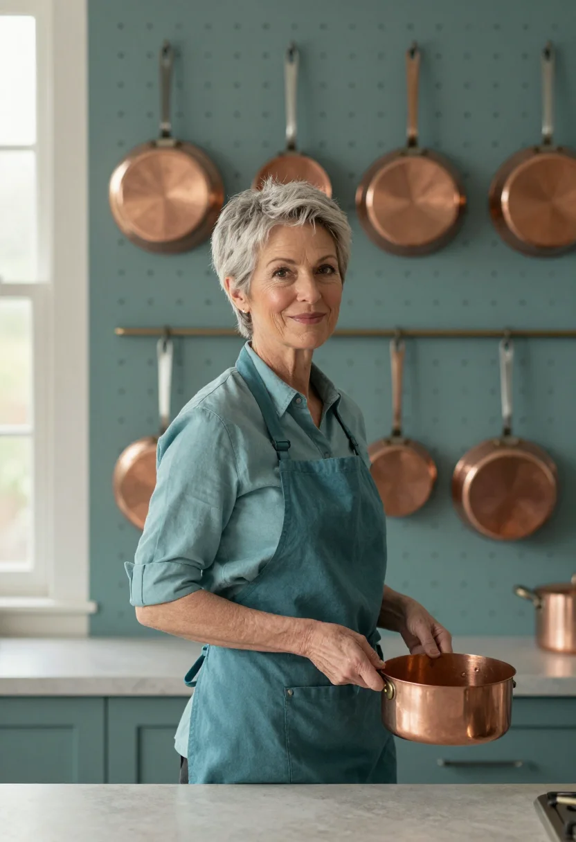 AI julia child kitchen pegboard sample — portrait of a woman, in her late fifties, with fair, rosy sk
