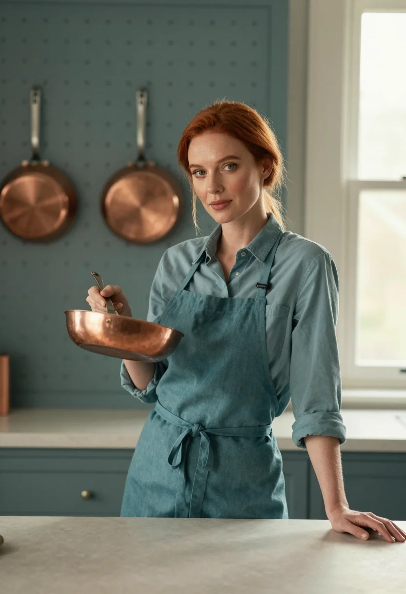 AI julia child kitchen pegboard sample — portrait of a woman, in her early thirties, with pale skin,