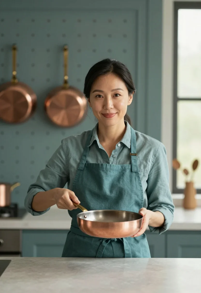 AI julia child kitchen pegboard sample — portrait of a woman, of Korean descent, in her early forties