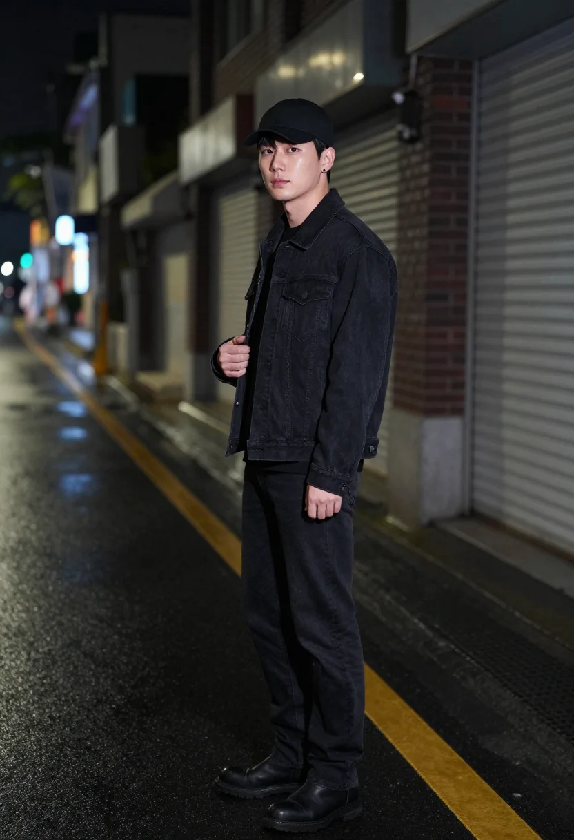 AI jungkook bts golden seoul black denim sample — portrait of a man, Korean and in his mid-twenties, with warm
