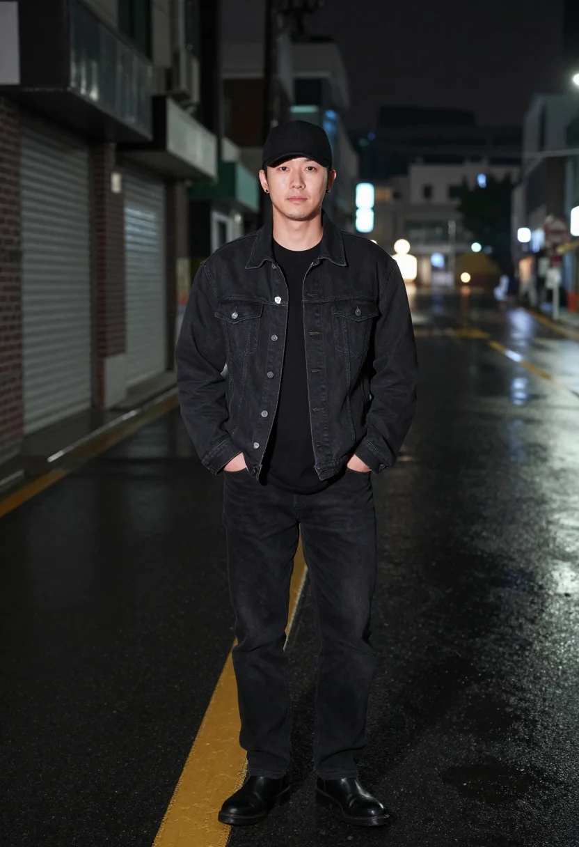 AI jungkook bts golden seoul black denim sample — portrait of a man, Korean and in his mid-twenties, with warm