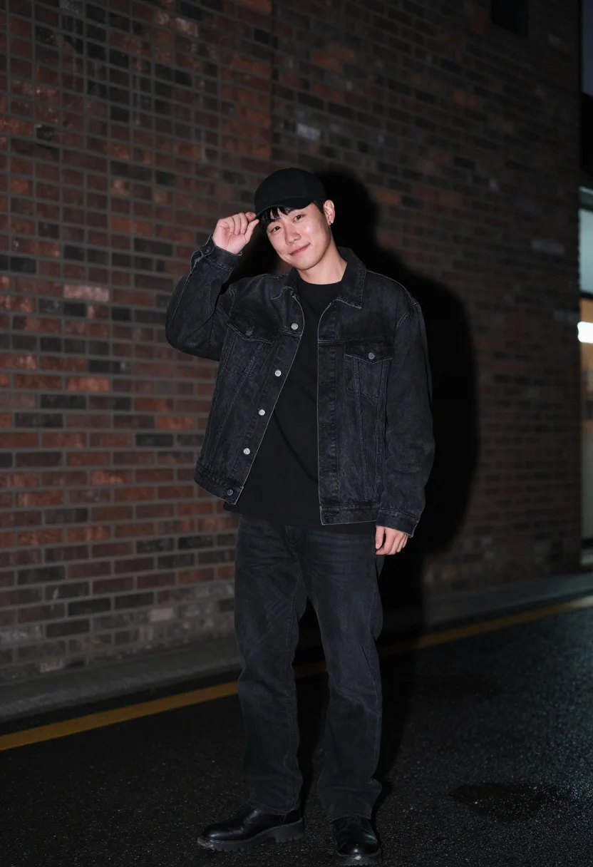 AI jungkook bts golden seoul black denim sample — portrait of a man, Korean and in his mid-twenties, with warm
