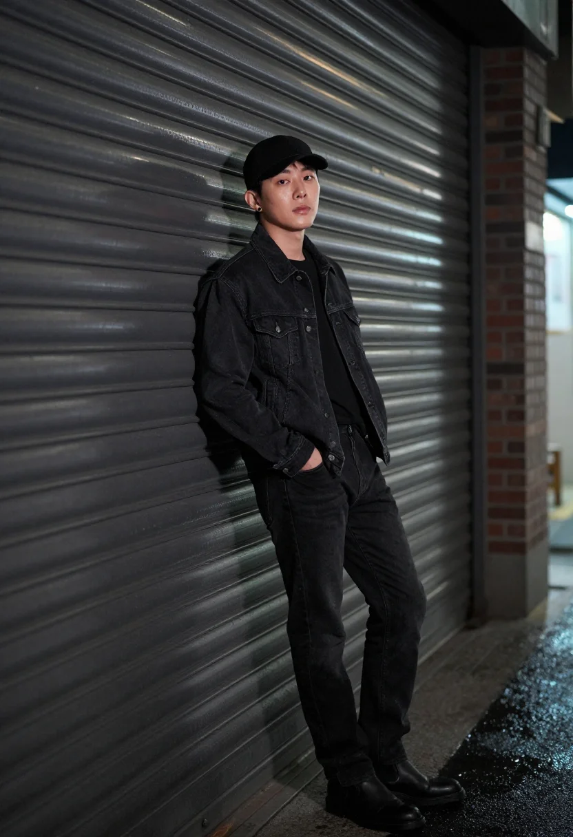 AI jungkook bts golden seoul black denim sample — portrait of a man, Korean and in his mid-twenties, with warm