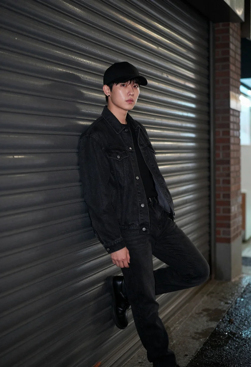 AI jungkook bts golden seoul black denim sample — portrait of a man, Korean and in his mid-twenties, with warm