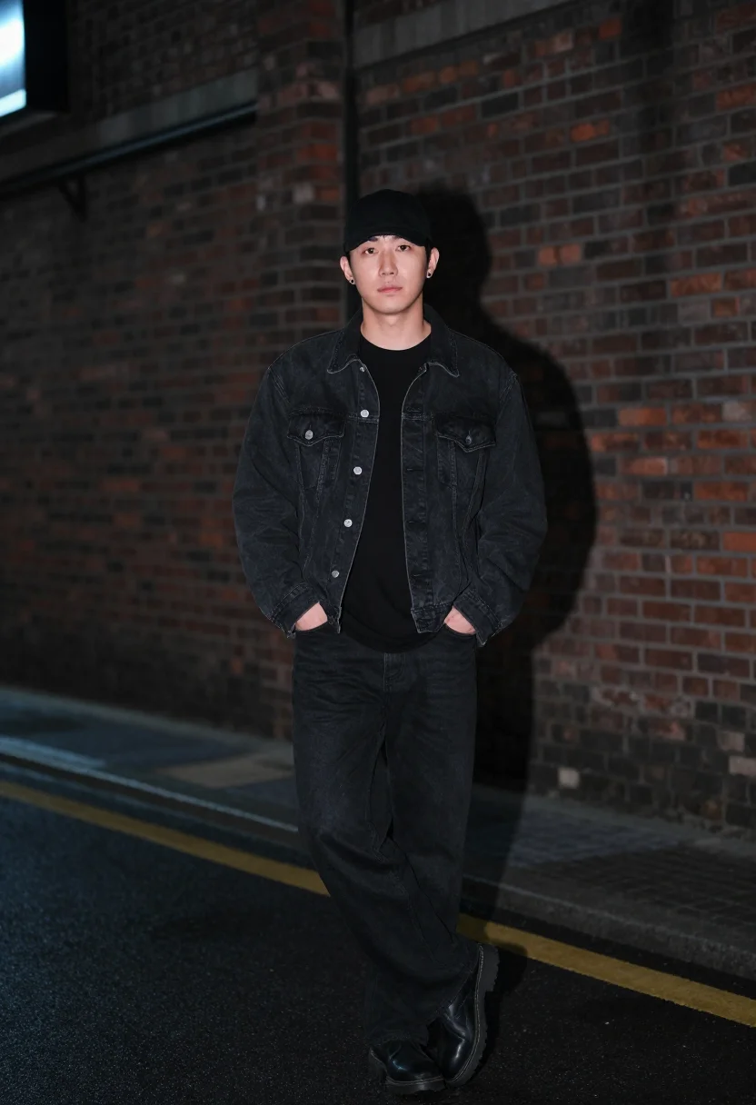 AI jungkook bts golden seoul black denim sample — portrait of a man, Korean and in his mid-twenties, with warm