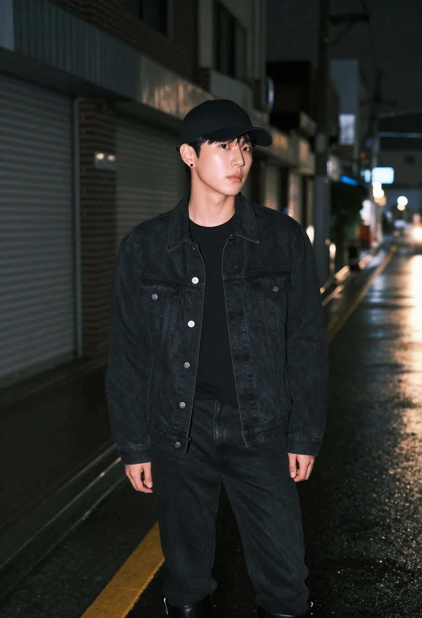 AI jungkook bts golden seoul black denim sample — portrait of a man, Korean and in his mid-twenties, with warm