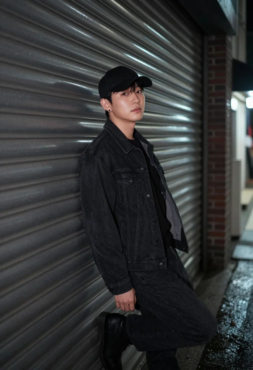 AI jungkook bts golden seoul black denim sample — portrait of a man, Korean and in his mid-twenties, with warm