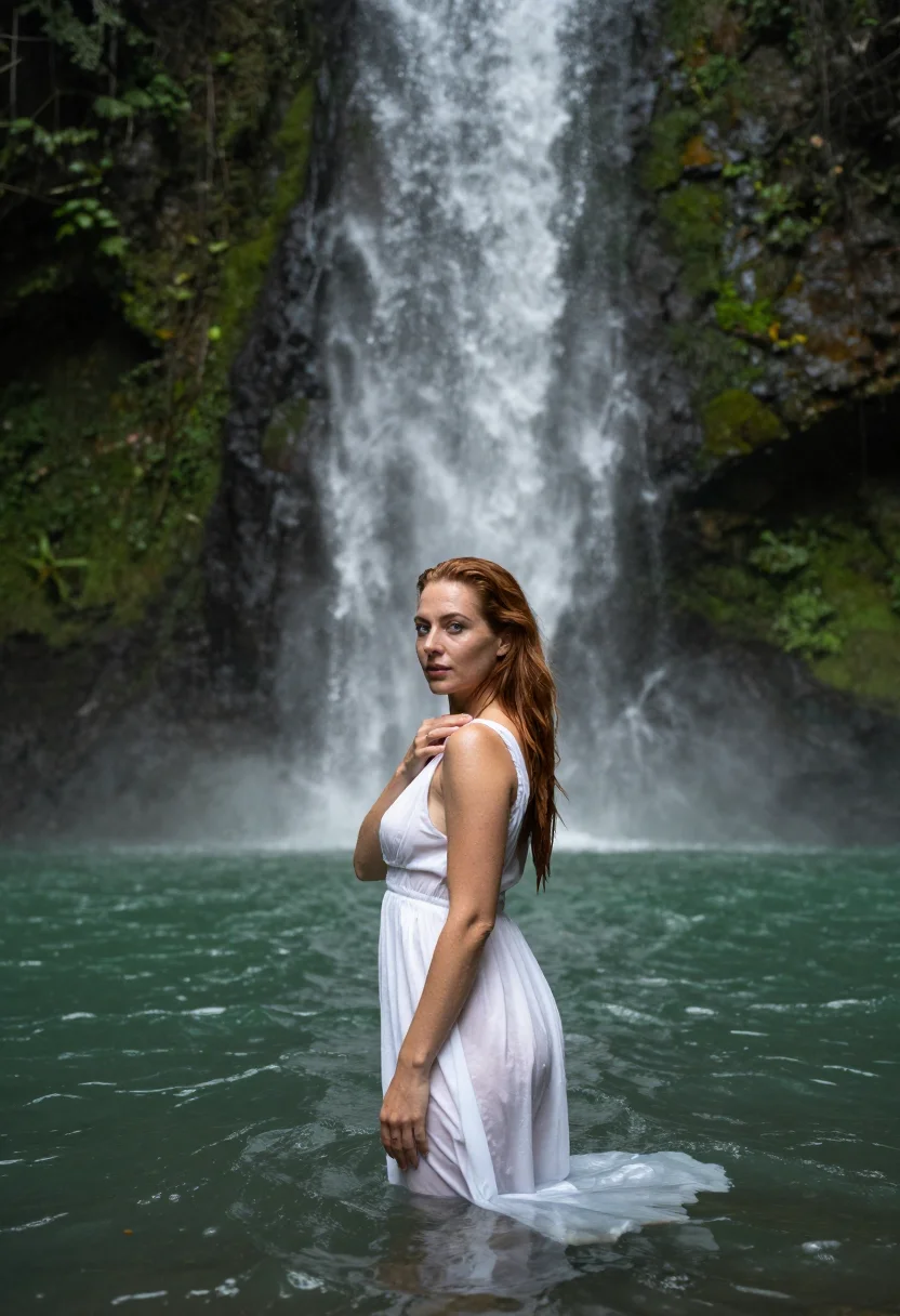 AI jungle waterfall sample — portrait of a woman, half-length portrait of a Western-Europ
