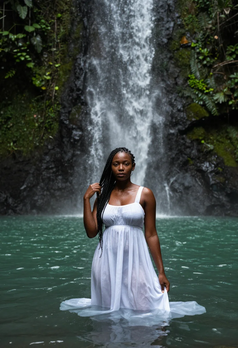 AI jungle waterfall sample — portrait of a woman, three-quarter-length portrait of an Afr