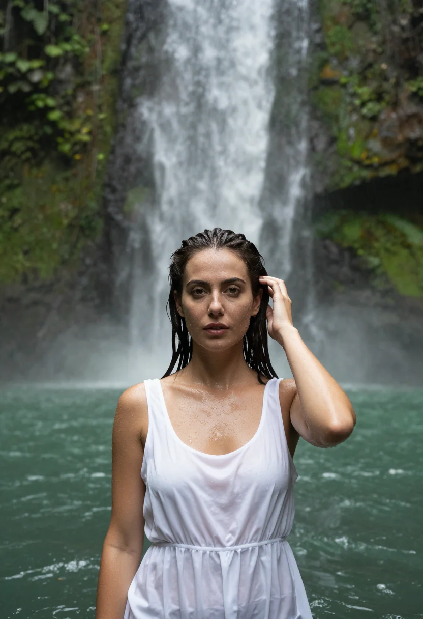 AI jungle waterfall sample — portrait of a woman, close portrait from the shoulders up of