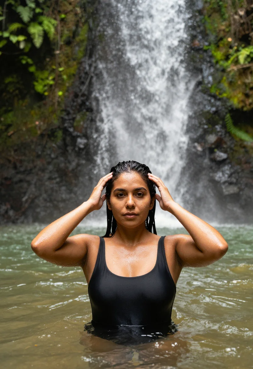 AI jungle sample — head-and-shoulders portrait of a Latin American woman with w