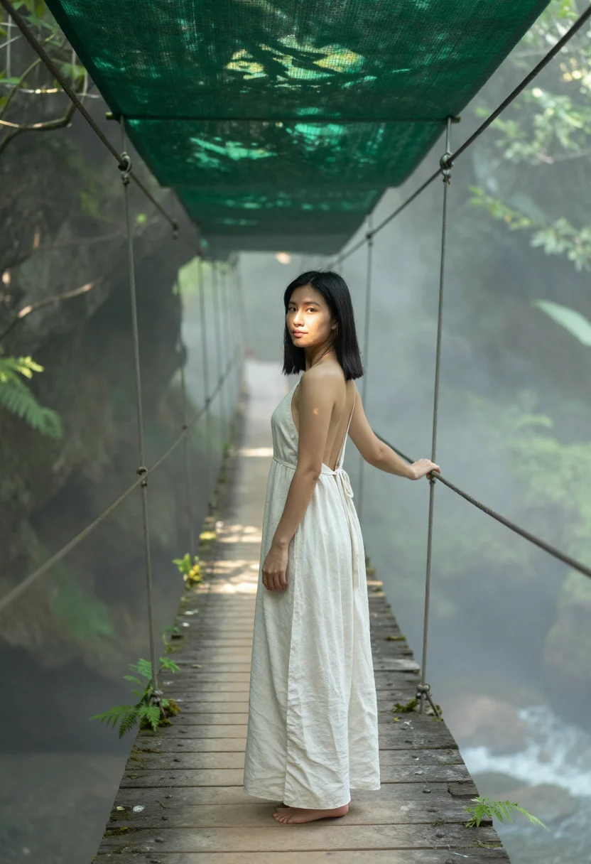 AI jungle sample — full-length portrait of an East-Asian woman with warm ivory