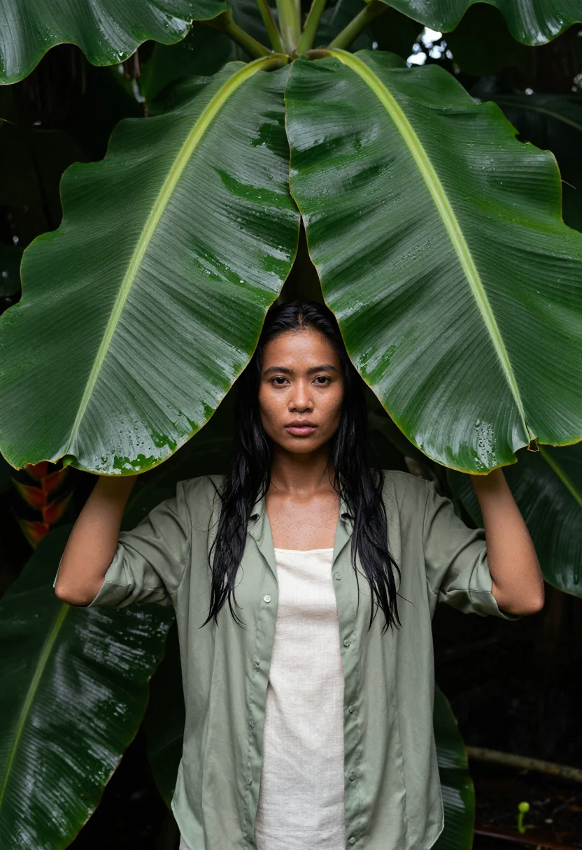AI jungle sample — half-length portrait of a Southeast-Asian woman with warm ta