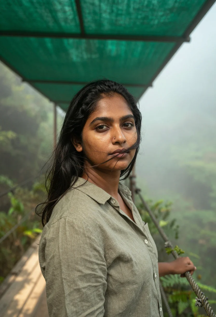 AI jungle sample — head-and-shoulders portrait of a South-Asian woman with warm