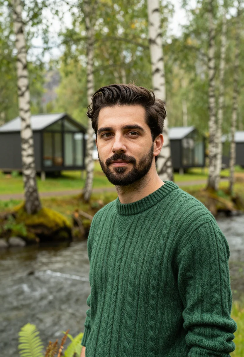 AI juvet landscape hotel valldal glass birch sample — portrait of a man, a hotel guest in his thirties of Italian