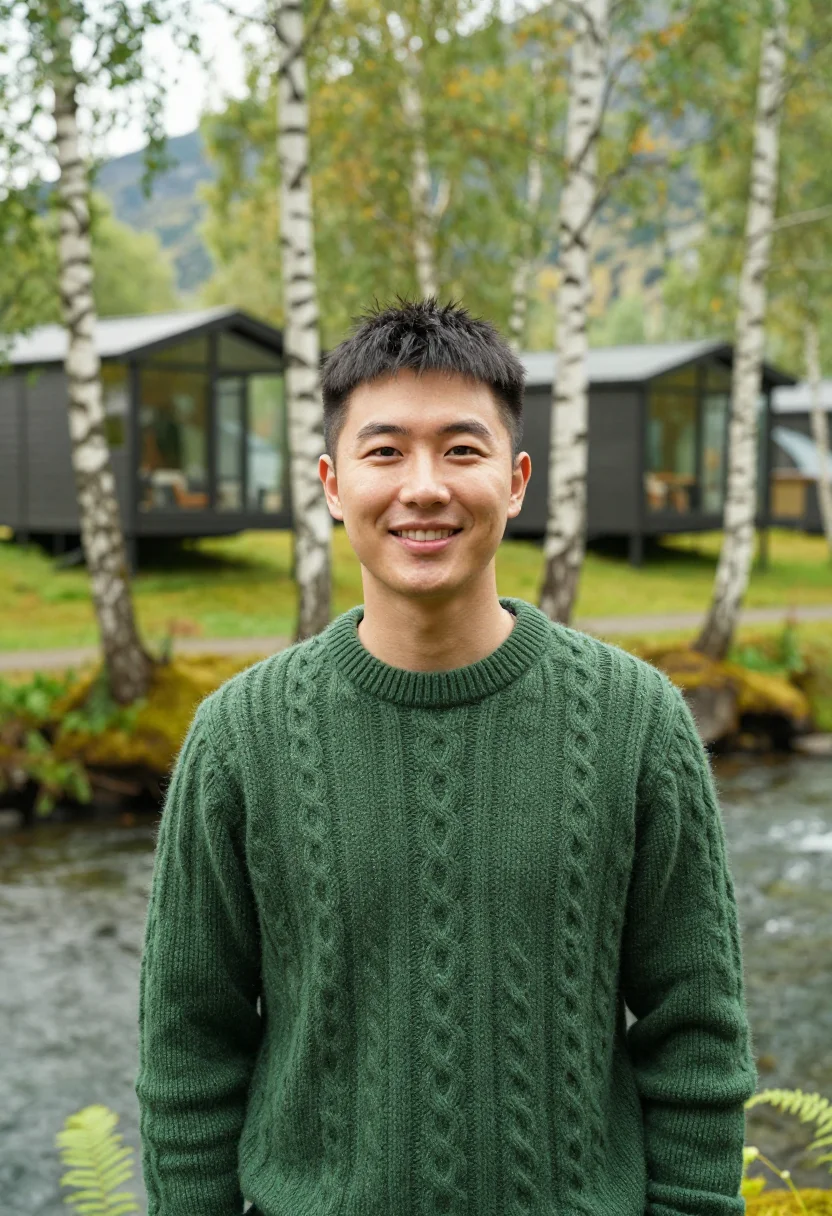 AI juvet landscape hotel valldal glass birch sample — portrait of a man, a hotel guest in his late twenties of Kor