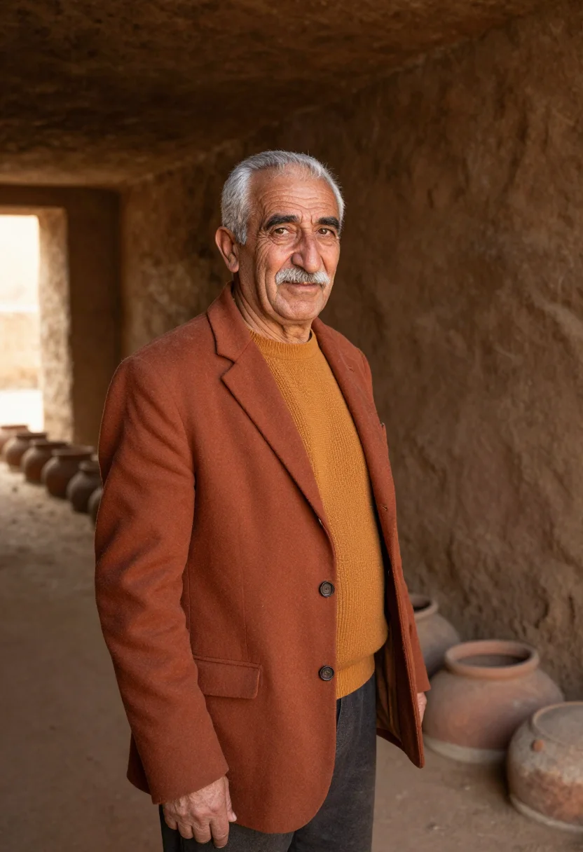 AI kakheti wine director qvevri clay amber sample — portrait of a man, a wine director in his sixties of Armenia
