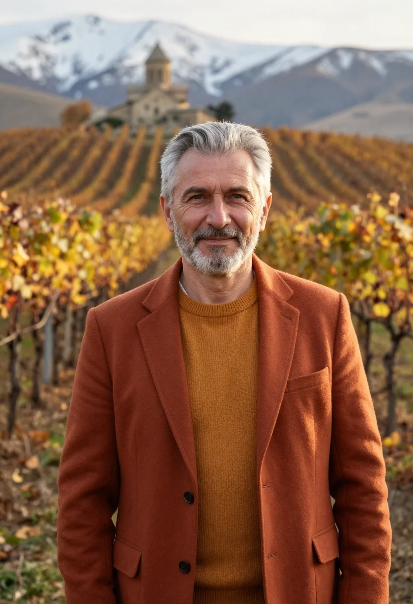 AI kakheti wine director qvevri clay amber sample — portrait of a man, a wine director in his late fifties of Uk