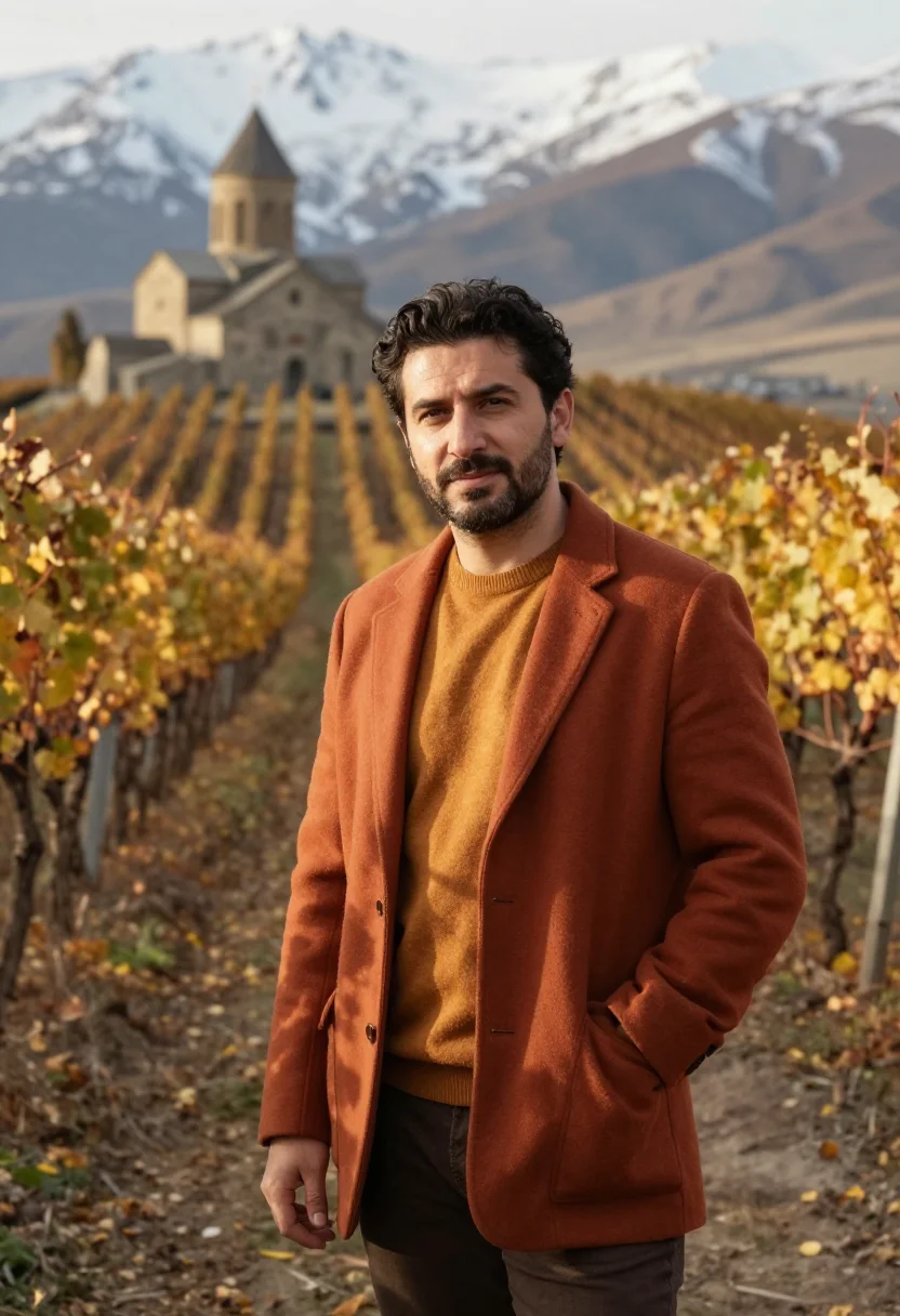 AI kakheti wine director qvevri clay amber sample — portrait of a man, a wine director in his forties of Georgia