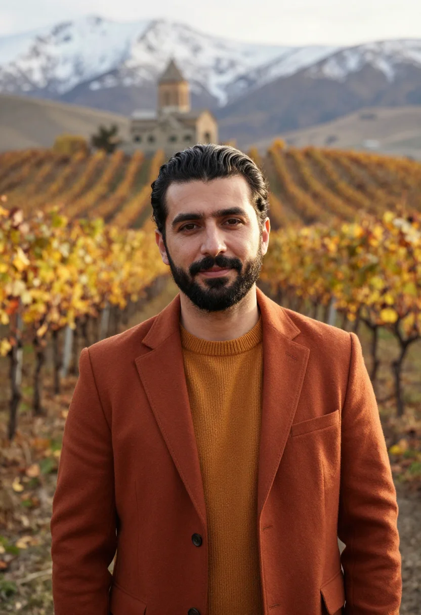 AI kakheti wine director qvevri clay amber sample — portrait of a man, a wine director in his early thirties of