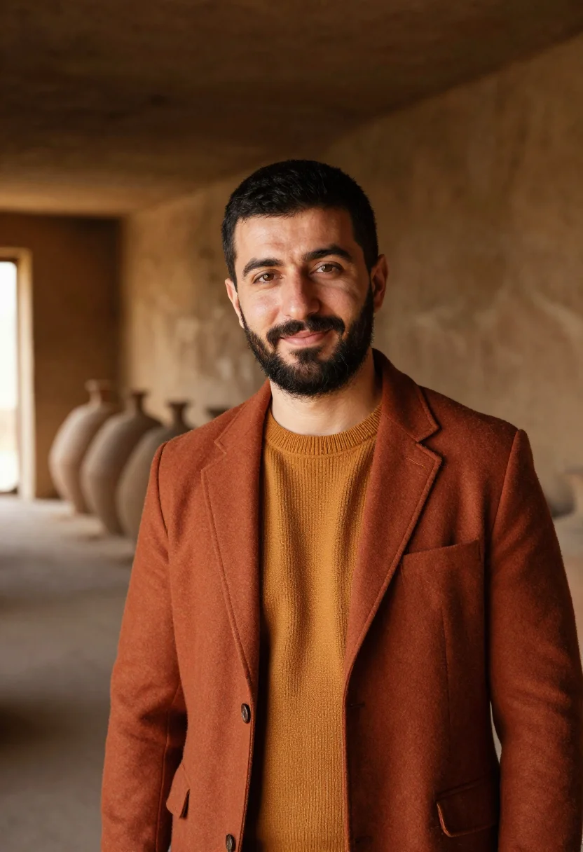 AI kakheti wine director qvevri clay amber sample — portrait of a man, a wine director in his early forties of G