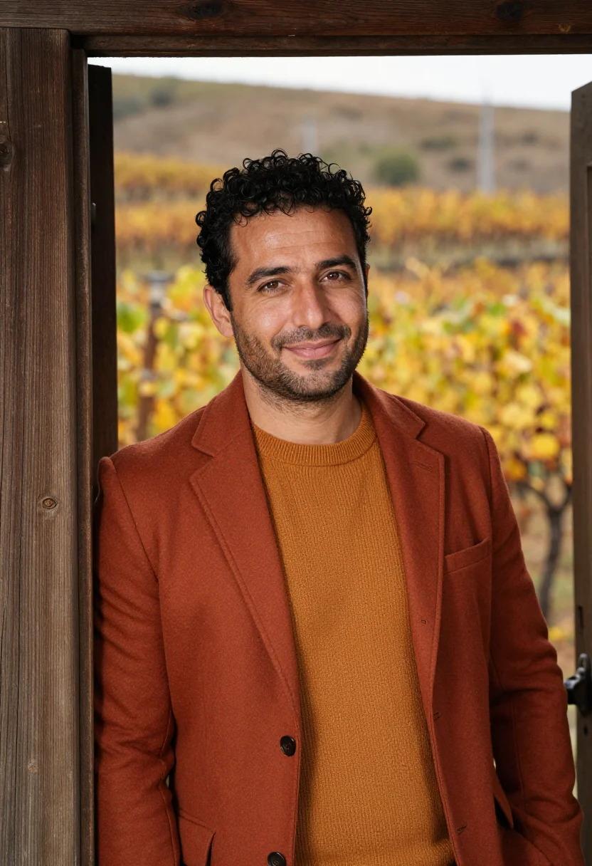 AI kakheti wine director qvevri clay amber sample — portrait of a man, a wine director in his late thirties of I