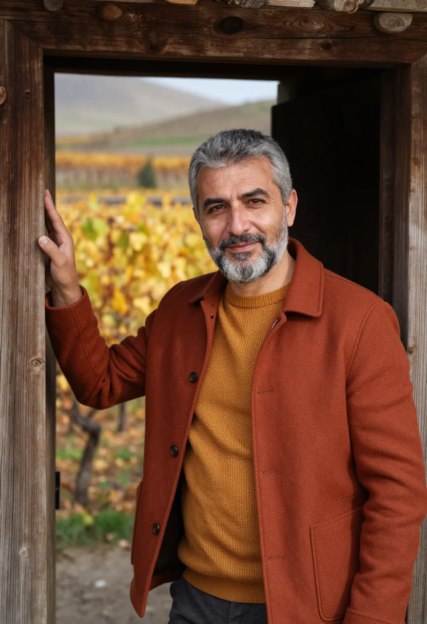 AI kakheti wine director qvevri clay amber sample — portrait of a man, a wine director in his mid-fifties of Geo