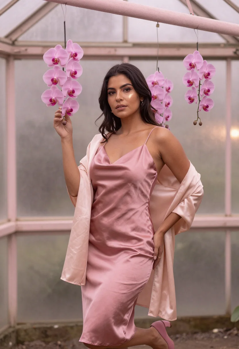 AI kali uchis colombia orquideas pink satin sample — portrait of a woman, Colombian-American and around thirty, w