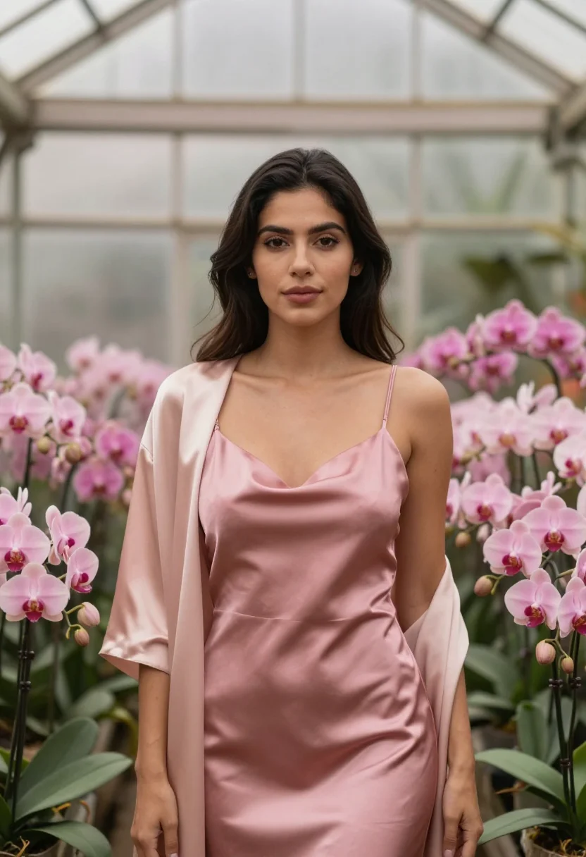 AI kali uchis colombia orquideas pink satin sample — portrait of a woman, Colombian-American and around thirty, w
