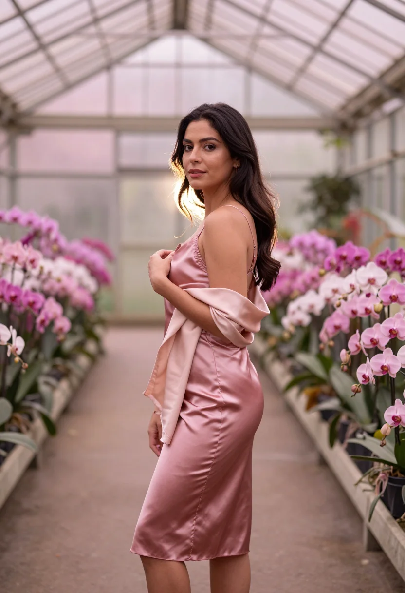 AI kali uchis colombia orquideas pink satin sample — portrait of a woman, Colombian-American and around thirty, w