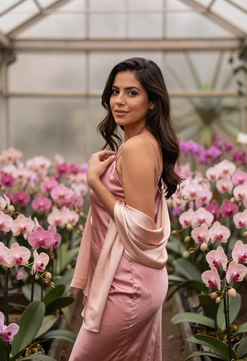 AI kali uchis colombia orquideas pink satin sample — portrait of a woman, Colombian-American and around thirty, w