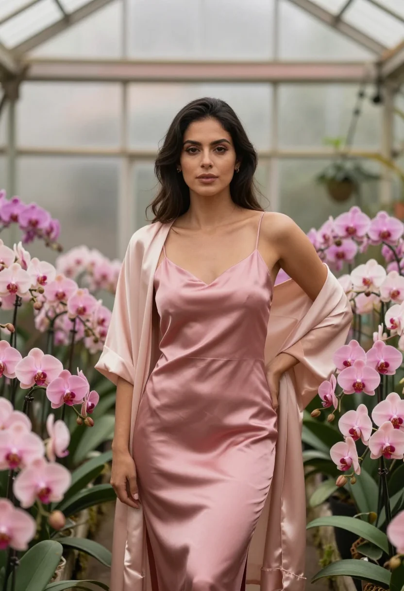 AI kali uchis colombia orquideas pink satin sample — portrait of a woman, Colombian-American and around thirty, w
