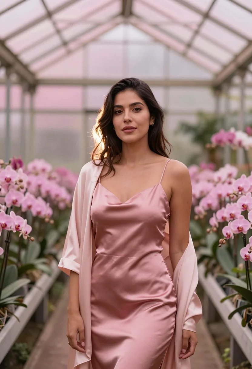AI kali uchis colombia orquideas pink satin sample — portrait of a woman, Colombian-American and around thirty, w