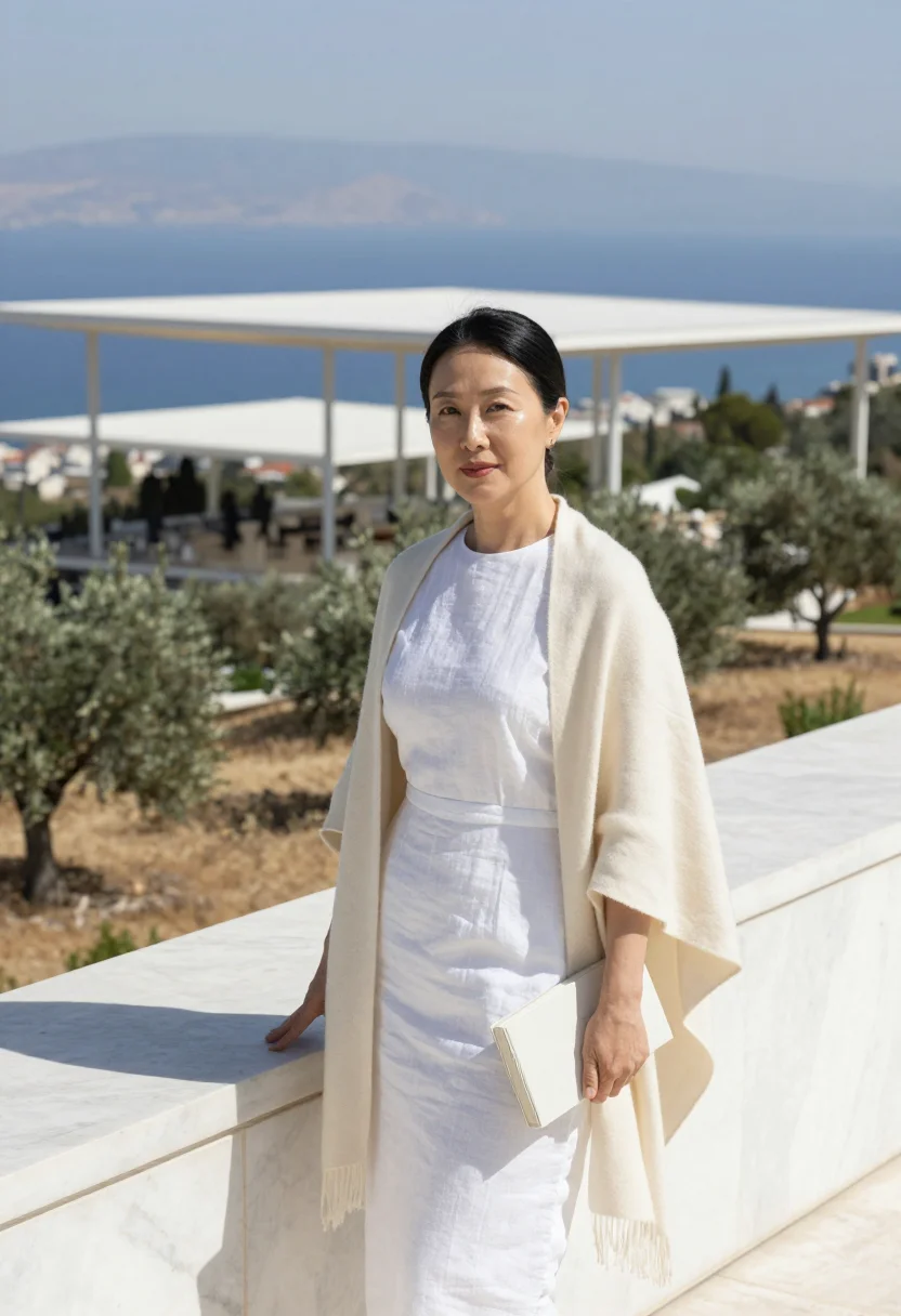 AI kallithea cultural director canopy marble white sample — portrait of a woman, of Korean descent in her forties with w