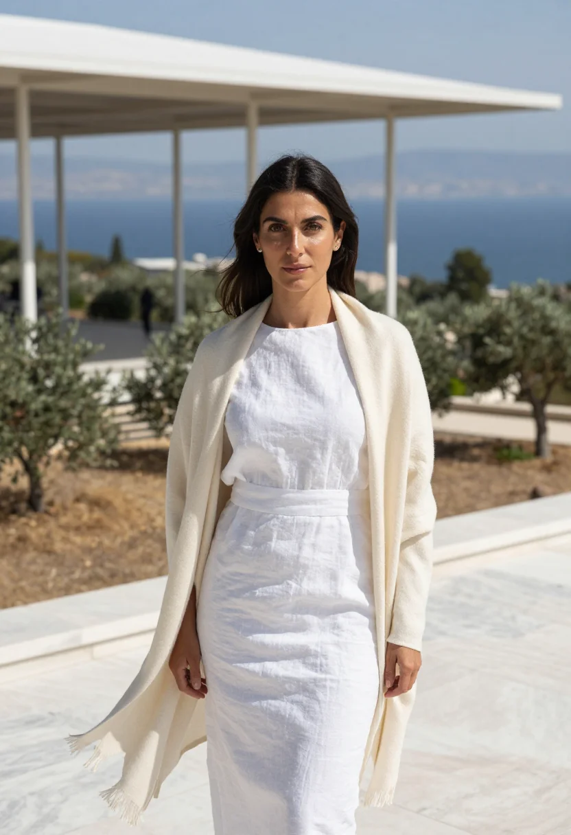 AI kallithea cultural director canopy marble white sample — portrait of a woman, of Greek descent in her mid-thirties wi