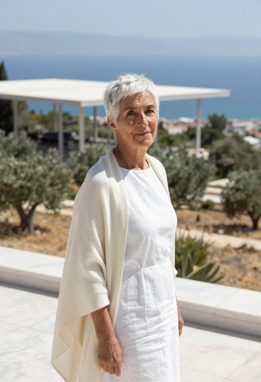 AI kallithea cultural director canopy marble white sample — portrait of a woman, in her sixties with weathered olive ski