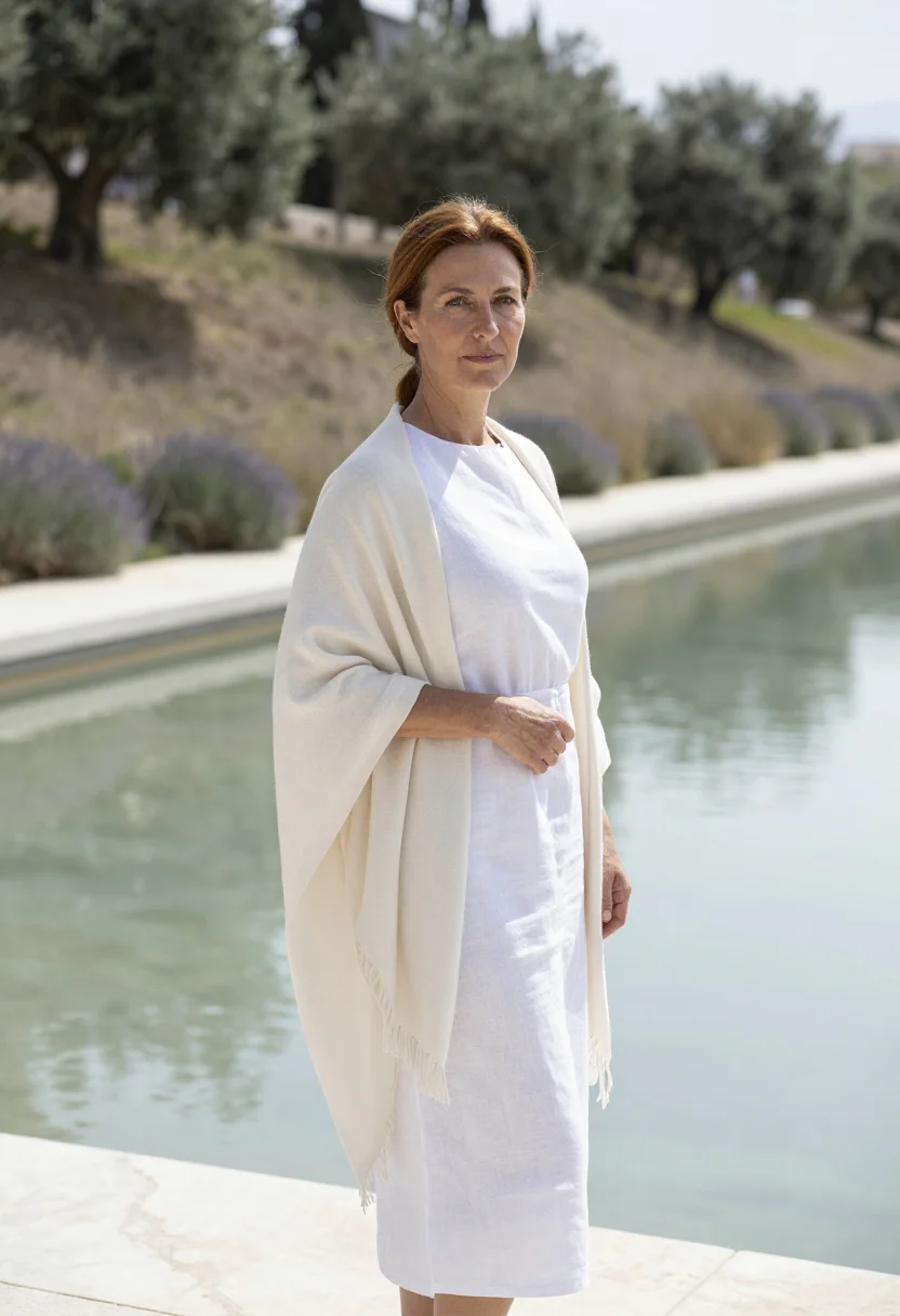 AI kallithea cultural director canopy marble white sample — portrait of a woman, in her late forties with fair skin, gre