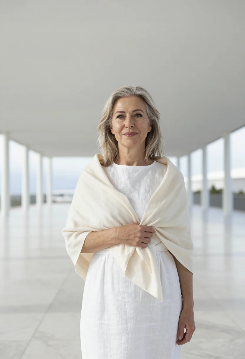 AI kallithea cultural director canopy marble white sample — portrait of a woman, in her mid-fifties with fair skin, grey