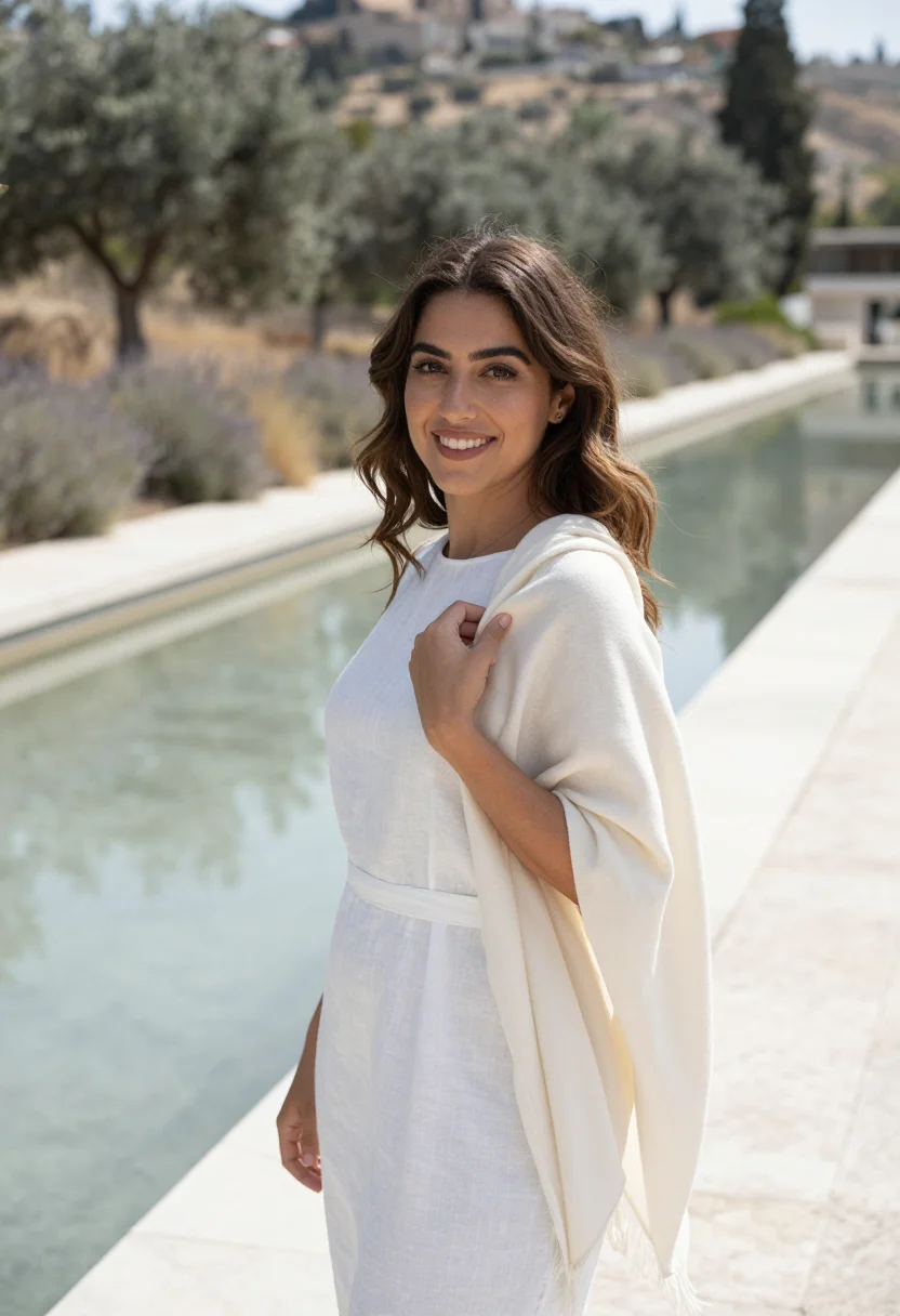 AI kallithea cultural director canopy marble white sample — portrait of a woman, of Lebanese descent in her late twentie
