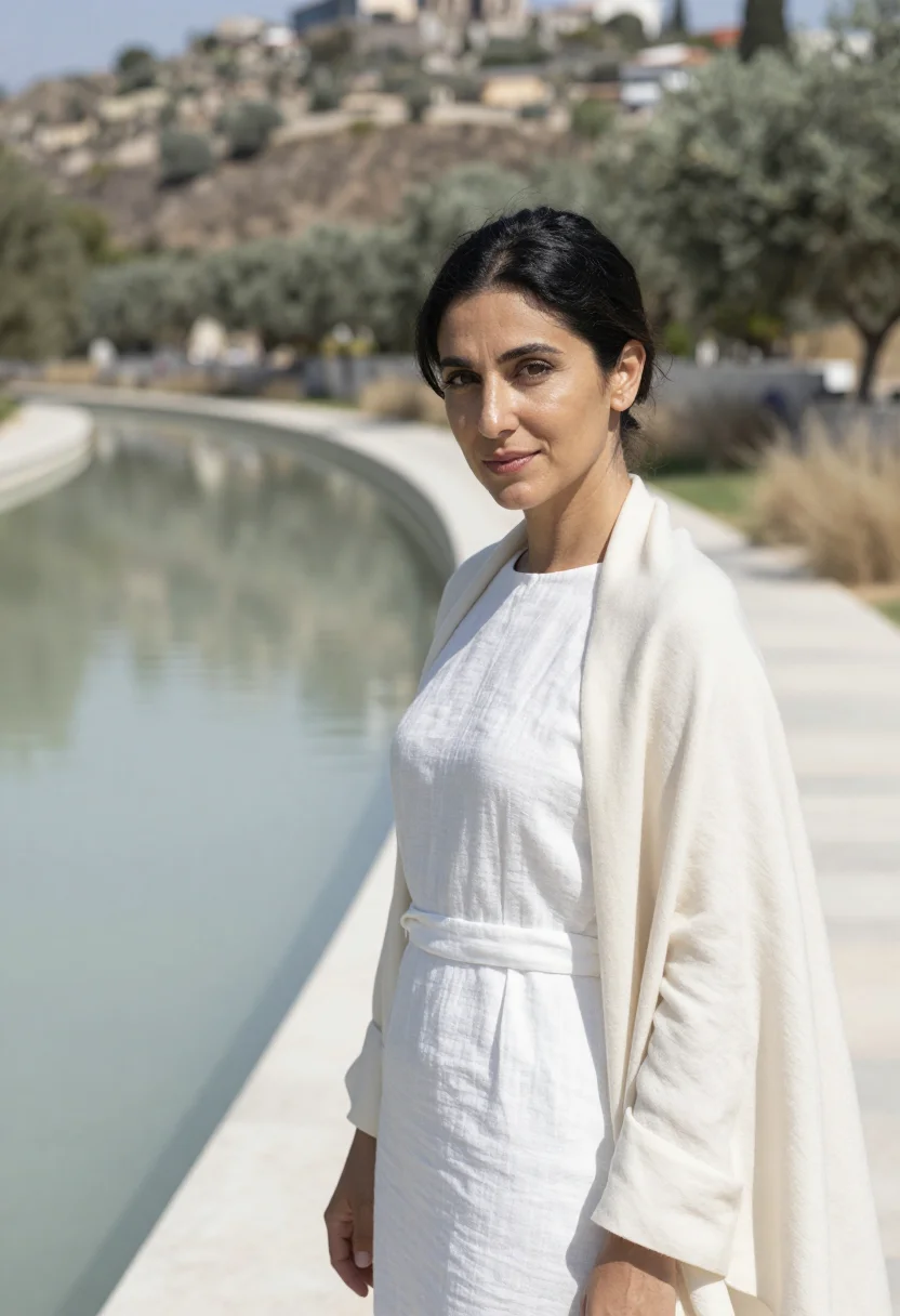 AI kallithea cultural director canopy marble white sample — portrait of a woman, in her thirties with golden olive skin,
